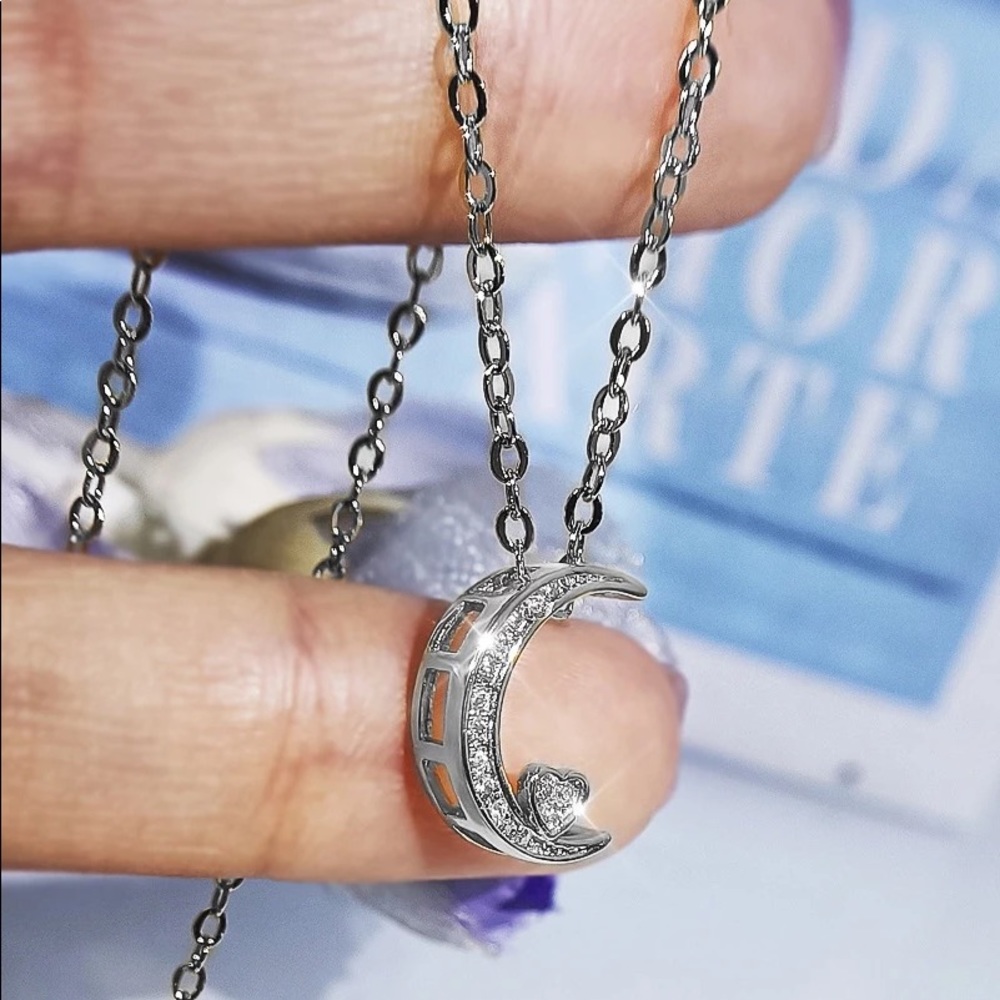 New Beautiful 925 Silver Moon Heart Diamond Necklace - Picture 3 of 6